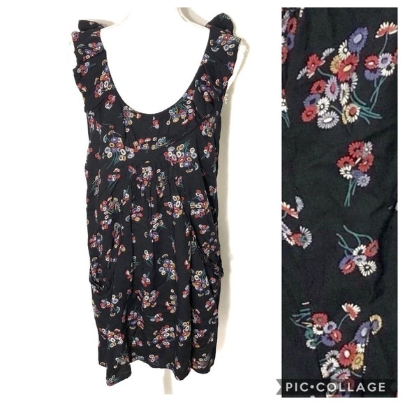 Elodie Floral Dress Medium Black Pink Mini Ruffle - Picture 1 of 8